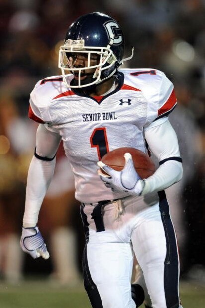 MOBILE, AL - JANUARY 24: Darius Butler #1 of the North team runs the ball against the South team during the Under Armour Senior Bowl on January 24, 2009 at Ladd-Peebles Stadium in Mobile, Alabama. (Photo by Ronald Martinez/Getty Images for Under Armour)