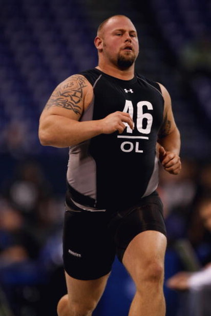 INDIANAPOLIS, IN - FEBRUARY 21:  Offensive lineman AQ Shipley of Penn State runs the 40 yard dash during the NFL Scouting Combine presented by Under Armour at Lucas Oil Stadium on February 21, 2009 in Indianapolis, Indiana. (Photo by Scott Boehm/Getty Ima