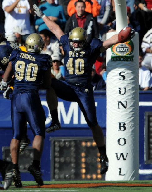 EL PASO, TX - DECEMBER 31:  Linebacker Scott McKillop #40 the Pittsburgh Panthers celebrates a pass interception against the Oregon State Beavers in the second quarter during the Brut Sun Bowl on December 31, 2008 at the Sun Bowl in El Paso, Texas.  (Phot