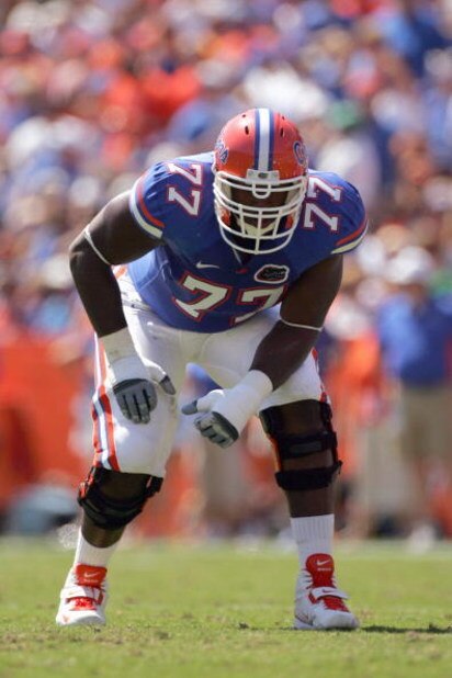 GAINESVILLE, FL - SEPTEMBER 27: Jason Watkins #77 of the Florida Gators gets ready on field during the game against the Mississippi Rebels at Ben Hill Griffin Stadium on September 27, 2008 in Gainesville, Florida. (Photo by Sam Greenwood/Getty Images)