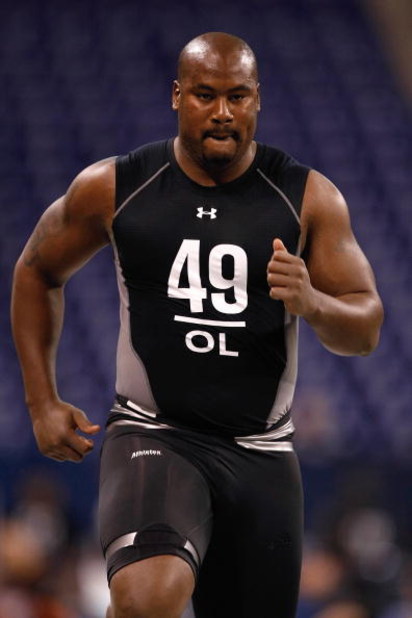INDIANAPOLIS, IN - FEBRUARY 21:  Offensive lineman Jason Smith of Baylor runs the 40 yard dash during the NFL Scouting Combine presented by Under Armour at Lucas Oil Stadium on February 21, 2009 in Indianapolis, Indiana. (Photo by Scott Boehm/Getty Images