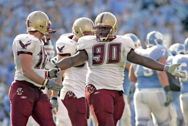 CHAPEL HILL, NC - NOVEMBER 5:  B.J. Raji #90 and Brian Toal of the Boston College Eagles talk after giving up a field goal to the North Carolina Tar Heels during an Atlantic Coast Conference game on November 5, 2005 at Kenan Stadium in Chapel Hill, North 