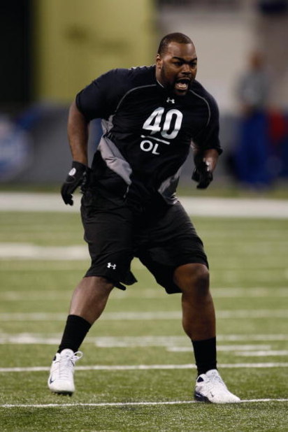 INDIANAPOLIS, IN - FEBRUARY 21:  Offensive lineman Michael Oher of Mississippi runs in practice drills during the NFL Scouting Combine presented by Under Armour at Lucas Oil Stadium on February 21, 2009 in Indianapolis, Indiana. (Photo by Scott Boehm/Gett