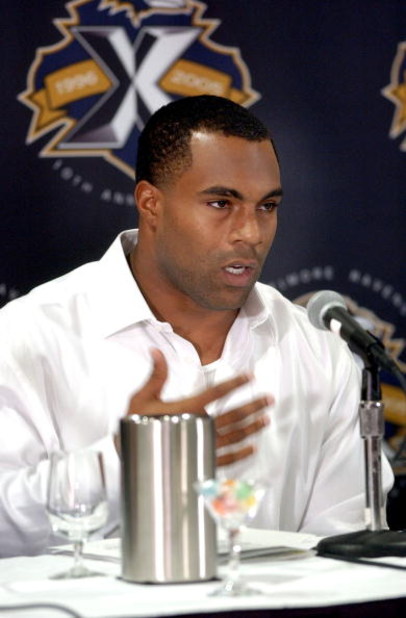 ATLANTA - JUNE 3:  Jamal Lewis of the Baltimore Ravens describes his time in prison and future plans during a press conference June 3, 2005 at the Marriott Marquee Hotel in Atlanta, Georgia. Lewis was serving a four-month prison term in Federal Prison Cam