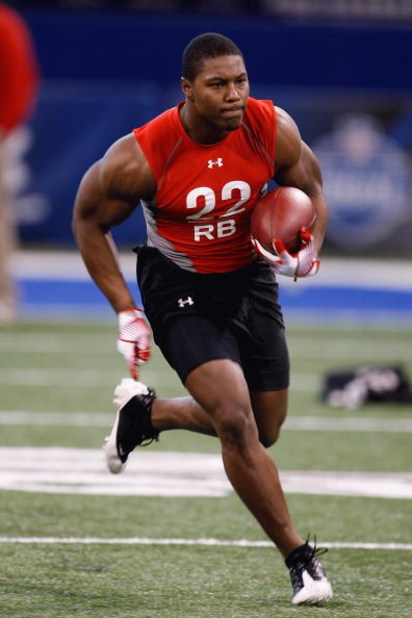 INDIANAPOLIS, IN - FEBRUARY 22:  Running back Knowshon Moreno of Georgia runs with the football during the NFL Scouting Combine presented by Under Armour at Lucas Oil Stadium on February 22, 2009 in Indianapolis, Indiana. (Photo by Scott Boehm/Getty Image