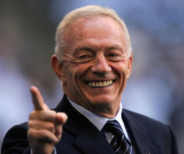 IRVING, TX - JANUARY 13:  Owner of the Dallas Cowboys, Jerry Jones smiles on the sidelines before the NFC Divisional Playoff game against the New York Giants at Texas Stadium on January 13, 2008 in Irving, Texas.  (Photo by Ronald Martinez/Getty Images)