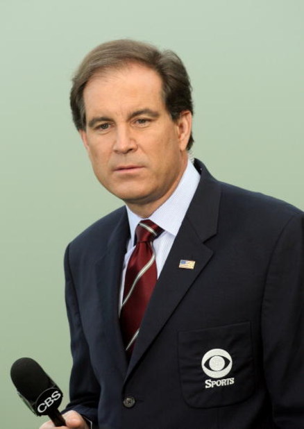 AUGUSTA, GA - APRIL 10:  Jim Nantz, anchor of CBS's golf coverage, works during the first round of the 2008 Masters Tournament at Augusta National Golf Club on April 10, 2008 in Augusta, Georgia.  (Photo by David Cannon/Getty Images)