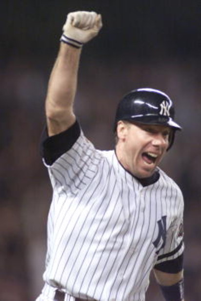 1 Nov 2001:  Scott Brosius #18 third baseman for the New York Yankees celebrates his game tying two run home run with two outs in the bottom of the ninth in game five of the 2001 World Series versus the Arizona Diamondbacks at Yankee Stadium in New York, 