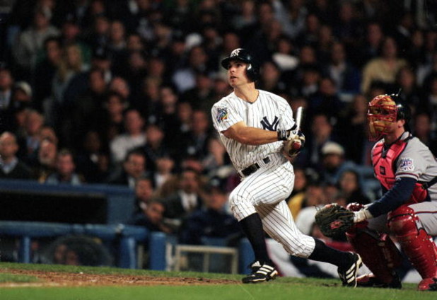 26 Oct 1999: Chad Curtis #28 of the New York Yankees hit the winning home run during the World Series Game three against the Atlanta Braves at Yankee Stadium in the Bronx, New York. The Yankees defeated the Braves 6-5.
