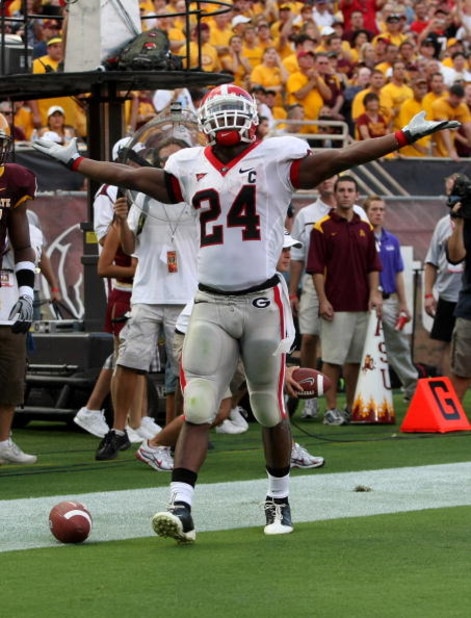 TEMPE, AZ - SEPTEMBER 20: Tailback Knowshon Moreno #24 of the Georgia Bulldogs celebrates scoring a touchdown against the Arizona State Sun Devils on September 20, 2008 at Sun Devil Stadium in Tempe, Arizona. (Photo by Stephen Dunn/Getty Images)