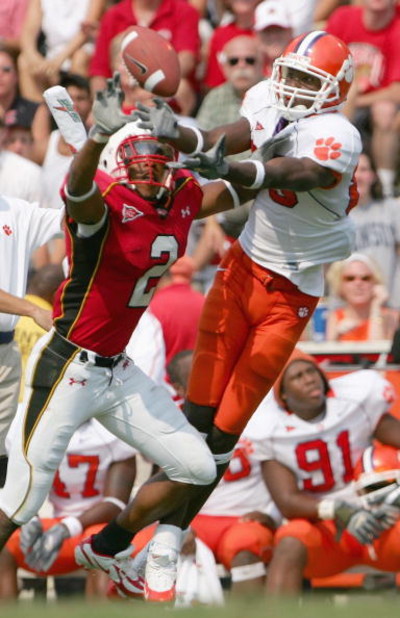 COLLEGE PARK, MD - SEPTEMBER 10:  Wide reciever Aaron Kelly #80 of the Clemson Tigers has a pass broken up by cornerback Kevin Barnes #2 of the Maryland Terrapins as the Tigers defeated the Terps 28-24 at Byrd Stadium on September 10, 2005 in College Park
