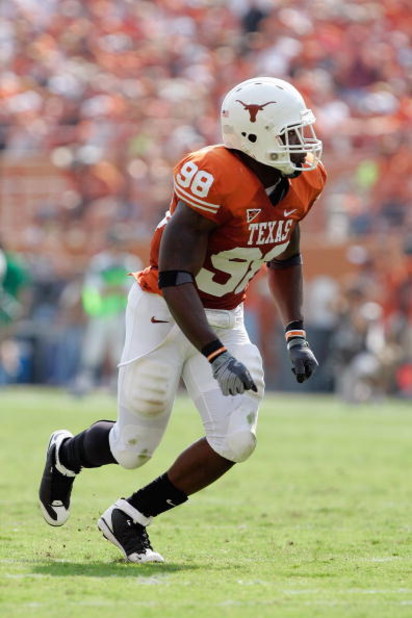 AUSTIN, TX - SEPTEMBER 27:  Brian Orakpo #98 of the Texas Longhorns moves on the field during the game against the Arkansas Razorbacks on September 27, 2008 at Darrell K Royal-Texas Memorial Stadium in Austin, Texas.  Texas won 52-10.  (Photo by Brian Bah