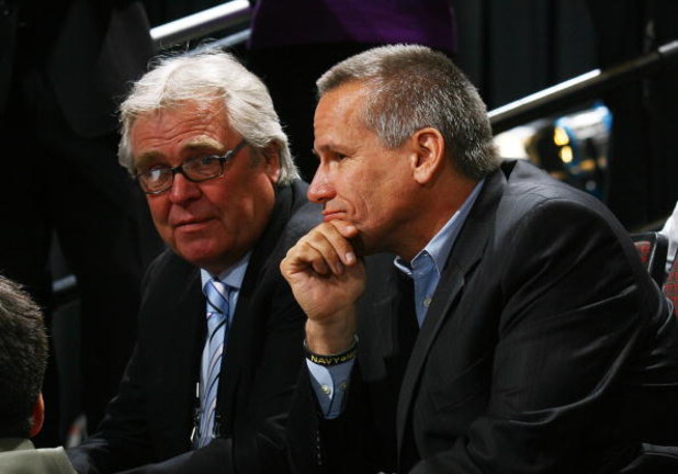 OTTAWA, ON - JUNE 21: (L-R) Glen Sather of the New York Rangers and player agent Pat Morris photographed during the 2008 NHL Entry Draft at Scotiabank Place on June 21, 2008 in Ottawa, Ontario, Canada. (Photo by Bruce Bennett/Getty Images)