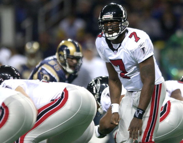 6 Jan 2002: Michael Vick #7 of the Atlanta Falcons calls out the play against the St. Louis Rams at the Dome at America's Center in St. Louis, Missouri. The St. Louis Rams beat the Atlanta Falcons 31-13.  DIGITAL IMAGE. Mandatory Credit: Elsa /Getty Image