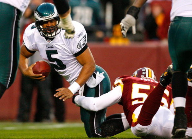 LANDOVER, MD - DECEMBER 21:  Quarterback Donovan McNabb #5 of the Philadelphia Eagles is sacked by Jason Taylor #55 of the Washington Redskins during the game on December 21, 2008 at FedEx Field in Landover, Maryland.  (Photo by Kevin C. Cox/Getty Images)