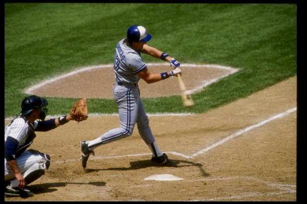 1990:  Pat Borders of the Toronto Blue Jays swings at the ball during a game. Mandatory Credit: T. G. Higgins  /Allsport