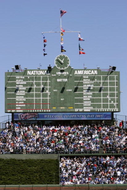 CHICAGO - APRIL 8: The Chicago Cubs scoreboard is seen during the game with the Milwaukee Brewers on April 8, 2005 at Wrigley Field in Chicago, Illinois. The Brewers defeated the Cubs 6-3 in 12 innings. (Photo by Jonathan Daniel/Getty Images)