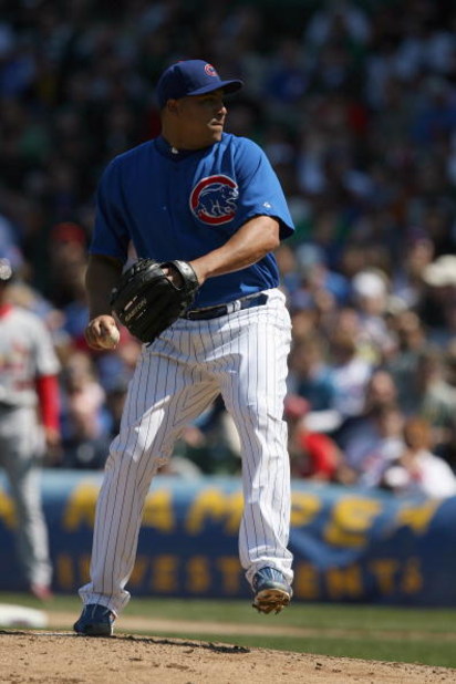 CHICAGO - APRIL 17:  Carlos Zambrano #38 of the Chicago Cubs pitches against the St. Louis Cardinals on April 17, 2009 at Wrigley Field in Chicago, Illinois. (Photo by Jonathan Daniel/Getty Images) 