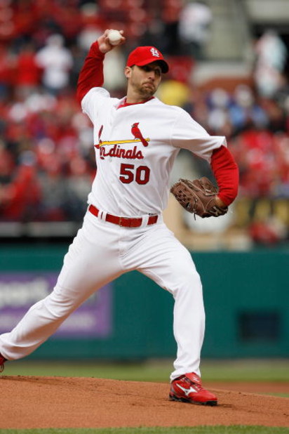 ST. LOUIS - APRIL 6:  Adam Wainwright #50 of the St. Louis Cardinals bats against the Pittsburgh Pirates during Opening Day on April 6, 2009 at Busch Stadium in St. Louis, Missouri.  The Pirates beat the Cardinals 6-4. (Photo by Dilip Vishwanat/Getty Imag