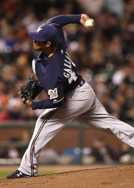 SAN FRANCISCO - APRIL 08:  Yovani Gallardo #49 of the Milwaukee Brewers pitches against the San Francisco Giants during a Major League Baseball game on April 8, 2009 at AT&T Park in San Francisco, California.  (Photo by Jed Jacobsohn/Getty Images)