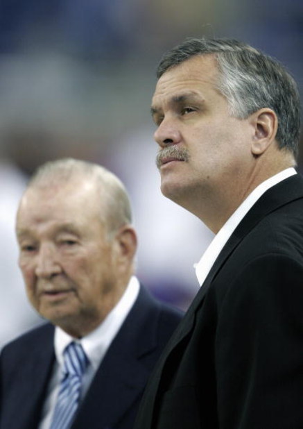 DETROIT - DECEMBER 4: President and CEO Matt Millen (R) of the Detroit Lions stands with team owner William Clay Ford prior to the start of the game against the Minnesota Vikings at Ford Field on December 4, 2005 in Detroit, Michigan. The Vikings won 21-1