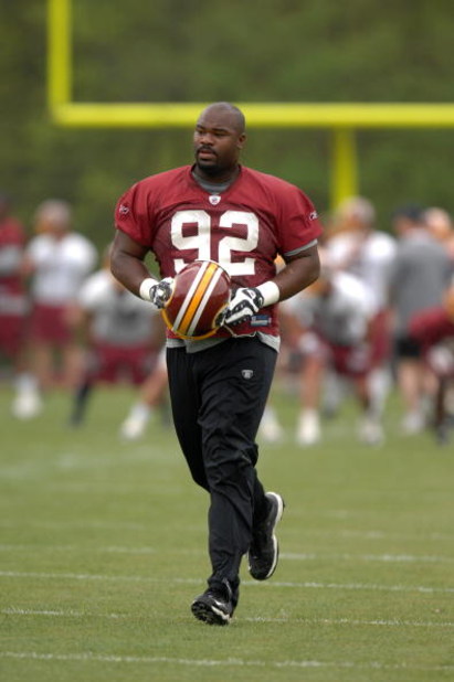 ASHBURN, VA - MAY 1:  Albert Haynesworth #92 of the Washington Redskins walks to drills during minicamp on May 1, 2009 at Redskins Park in Ashurn, Virginia.   (Photo by Mitchell Layton/Getty Images)