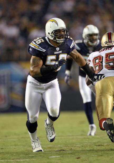 SAN DIEGO - AUGUST 30: Shawne Merriman #56 of the San Diego Chargers moves on the field during the game against the San Francisco 49ers on August 30, 2007 at Qualcomm Stadium in San Diego, California.  (Photo by Stephen Dunn/Getty Images)