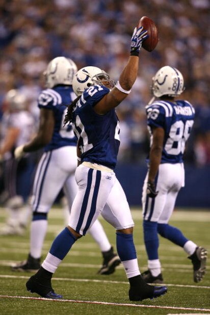 INDIANAPOLIS - NOVEMBER 02: Bob Sanders #21 of the Indianapolis Colts celebrates after he intercepted a pass in the fourth quarter against the New England Patriots at Lucas Oil Stadium on November 2, 2008 in Indianapolis, Indiana. (Photo by Andy Lyons/