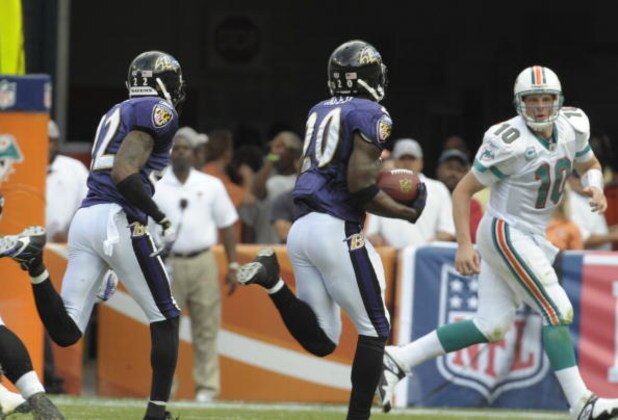 MIAMI, FL - JANUARY 4: Safety Ed Reed #20 of the Baltimore Ravens returns an interception for a touchdown against the Miami Dolphins in an NFL Wildcard Playoff Game at Dolphins Stadium on January 4, 2009 in Miami, Florida. (Photo by Al Messerschmidt/Get