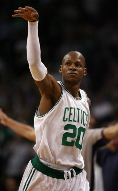 BOSTON - MAY 02:  Ray Allen #20 of the Boston Celtics follows through on a buzzer beater in the first half against the Chicago Bulls in Game Seven of the Eastern Conference Quarterfinals during the 2009 NBA Playoffs at TD Banknorth Garden on May 2, 2009 i