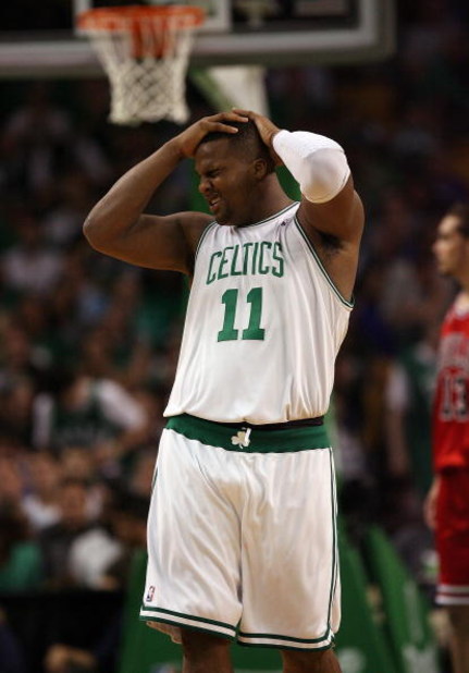 BOSTON - APRIL 28:  Glen Davis #11 of the Boston Celtics reacts after he is hit in the eye in the second half against the Chicago Bulls in Game Five of the Eastern Conference Quarterfinals during the 2009 NBA Playoffs at TD Banknorth Garden on April 28, 2
