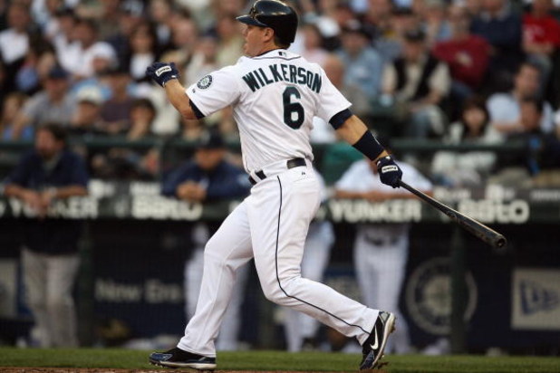 SEATTLE - APRIL 12:  Brad Wilkerson #6 of the Seattle Mariners bats against the Los Angeles Angels of Anaheim on April 12, 2008 at Safeco Field in Seattle, Washington. (Photo by Otto Greule Jr/Getty Images)