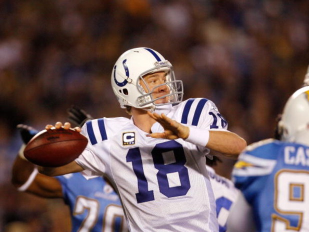 SAN DIEGO - JANUARY 03:  Quarterback Peyton Manning #18 of the Indianapolis Colts drops back to pass during the AFC Wild Card Game against the San Diego Chargers on January 3, 2009 at Qualcomm Stadium in San Diego, California.  (Photo by Harry How/Getty I