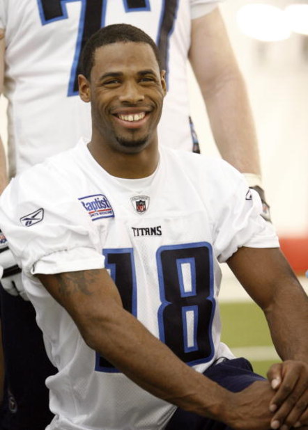 NASHVILLE, TN - MAY 1: Kenny Britt #18 of the Tennessee Titans smiles for a portrait during the Tennessee Titans Minicamp on May 1, 2009 at Baptist Sports Park in Nashville, Tennessee. (Photo by Joe Murphy/Getty Images)
