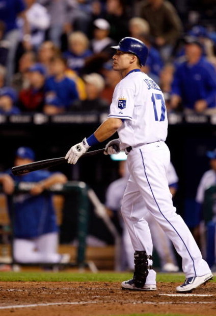 KANSAS CITY, MO - MAY 05:  Mike Jacobs #17 of the Kansas City Royals watches his three-run home run in the fourth inning against the Chicago White Sox on May 5, 2009 at Kauffman Stadium in Kansas City, Missouri.  (Photo by Jamie Squire/Getty Images)