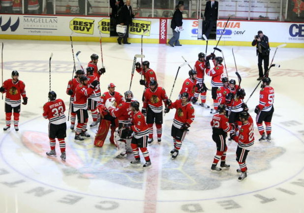 CHICAGO - MAY 11:  The Chicago Blackhawks celebrate after their 7-5 win against the Vancouver Canucks during Game Six of the Western Conference Semifinal Round of the 2009 Stanley Cup Playoffs on May 11, 2009 at the United Center in Chicago, Illinois.  (P