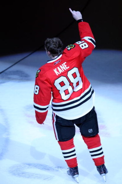 CHICAGO - MAY 11:  Patrick Kane #88 of the Chicago Blackhawks reacts after he was named the #1 star of the game after their 7-5 win against the Vancouver Canucks during Game Six of the Western Conference Semifinal Round of the 2009 Stanley Cup Playoffs on