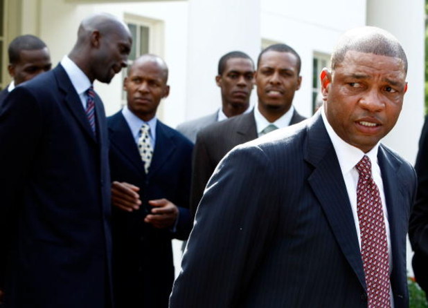 WASHINGTON - SEPTEMBER 19:  Boston Celtic head coach Doc Rivers (R) talks to reporters outside the West Wing with players (L-R) Kevin Garnett, Ray Allen, Rajon Rondo and Paul Pierce while visting the White House September 19, 2008 in Washington, DC. The C
