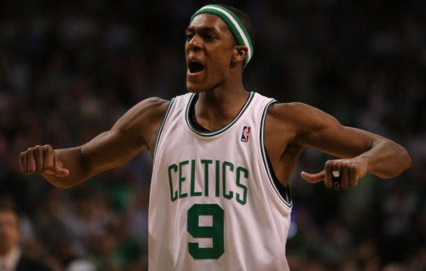 BOSTON - APRIL 28:  Rajon Rondo #9 of the Boston Celtics directs his teammates against the Chicago Bulls  in Game Five of the Eastern Conference Quarterfinals during the 2009 NBA Playoffs at TD Banknorth Garden on April 28, 2009 in Boston, Massachusetts. 