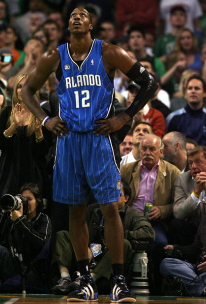 BOSTON - MAY 12:  Dwight Howard #12 of the Orlando Magic reacts after he is called for a foul in the second half against the Boston Celtics in Game Five of the Eastern Conference Semifinals during the 2009 NBA Playoffs at TD Banknorth Garden May 12, 2009 