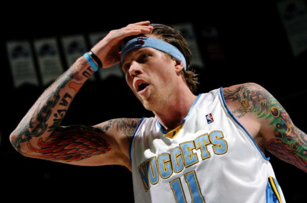 DENVER - MARCH 5:  Chris Andersen #11 of the Denver Nuggets reacts to a call during the game against the Portland Trail Blazers at the Pepsi Center March 5, 2009 in Denver, Colorado.  NOTE TO USER: User expressly acknowledges and agrees that, by downloadi