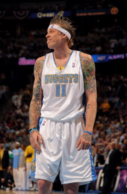 DENVER - MAY 05:  Chris Andersen #11 of the Denver Nuggets reacts after be called for a foul against the Dallas Mavericks in Game Two of the Western Conference Semifinals during the 2009 NBA Playoffs at Pepsi Center on May 5, 2009 in Denver, Colorado. The