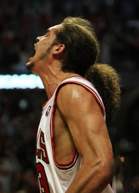 CHICAGO - APRIL 30: Joakim Noah #13 of the Chicago Bulls yells after dunking the ball against the Boston Celtics in Game Six of the Eastern Conference Quarterfinals during the 2009 NBA Playoffs at the United Center on April 30, 2009 in Chicago, Illinois. 
