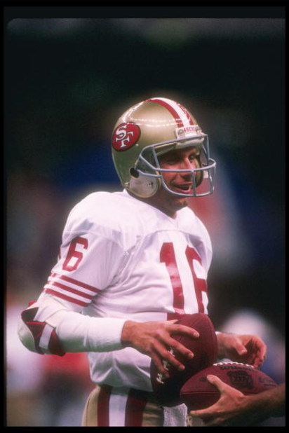 28 Jan 1990:   Quarterback Joe Montana #16 of the San Francisco 49ers looks on during the the Super Bowl XXIV against the Denver Broncos at the Louisiana Superdome in New Orleans, Louisiana. The 49ers won the game, 55-10. Mandatory Credit: Rick Stewart  /