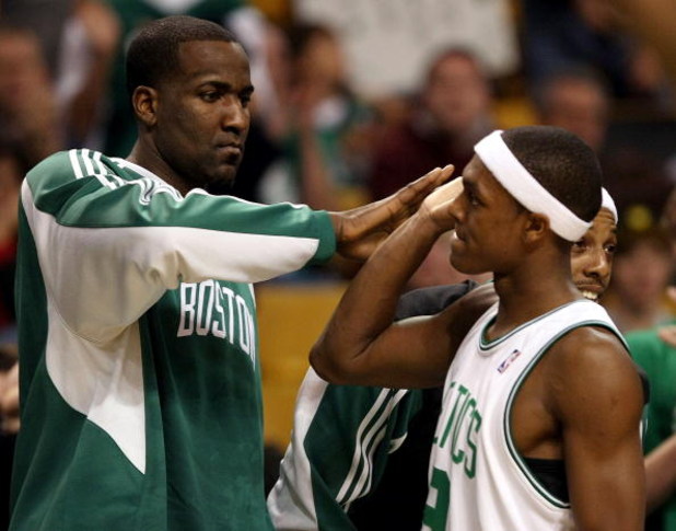 BOSTON - DECEMBER 03: Kendrick Perkins #43 of the Boston Celtics congratulates teammate Rajon Rondo #9 after Rondo was pulled from the game late in the fourth quarter against the Indiana Pacers on December 3, 2008 at TD Banknorth Garden in Boston, Massach