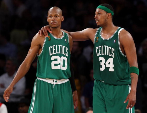 LOS ANGELES, CA - JUNE 12:  Ray Allen #20 and Paul Pierce #34 of the Boston Celtics celebrate after defeating the Los Angeles Lakers 97-91 in Game Four of the 2008 NBA Finals on June 12, 2008 at Staples Center in Los Angeles, California. NOTE TO USER: Use