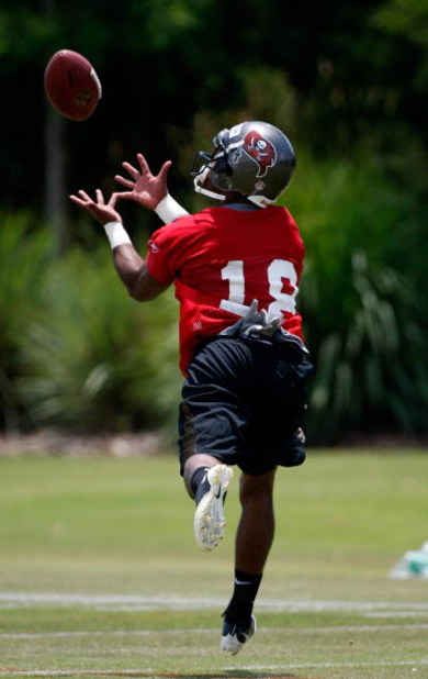 TAMPA, FL - MAY 01:  Defensive back Sammie Stroughter #18 of the Tampa Bay Buccaneers catches a pass during the Buccaneers Rookie Minicamp at One Buccaneer Place on May 1, 2009 in Tampa, Florida.  (Photo by J. Meric/Getty Images)