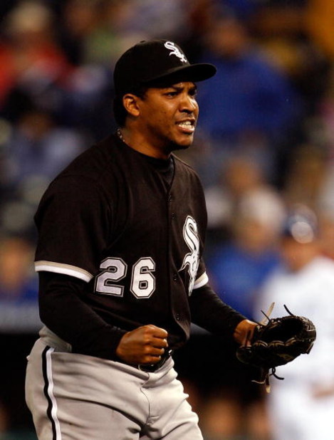 KANSAS CITY, MO - MAY 05:  Reliever Octavio Dotel #26 of the Chicago White Sox reacts after striking out John Buck #14 of the Kansas City Royals to get out of the seventh inning during the game on May 5, 2009 at Kauffman Stadium in Kansas City, Missouri. 