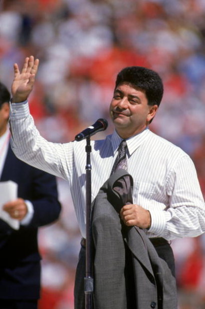 SAN FRANCISCO - SEPTEMBER 10:  San Francisco 49ers owner Eddie Debartolo speaks to the fans during the 49ers home opener against the Atlanta Falcons at Candlestick Park on September 10, 1995 in San Francisco, California.  The 49ers won 41-10.  (Photo by G