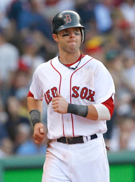 BOSTON - APRIL 25: Dustin Pedroia #15 of the Boston Red Sox reacts against the New York Yankees at Fenway Park on April 25, 2009 in Boston, Massachusetts. (Photo by Jim Rogash/Getty Images)